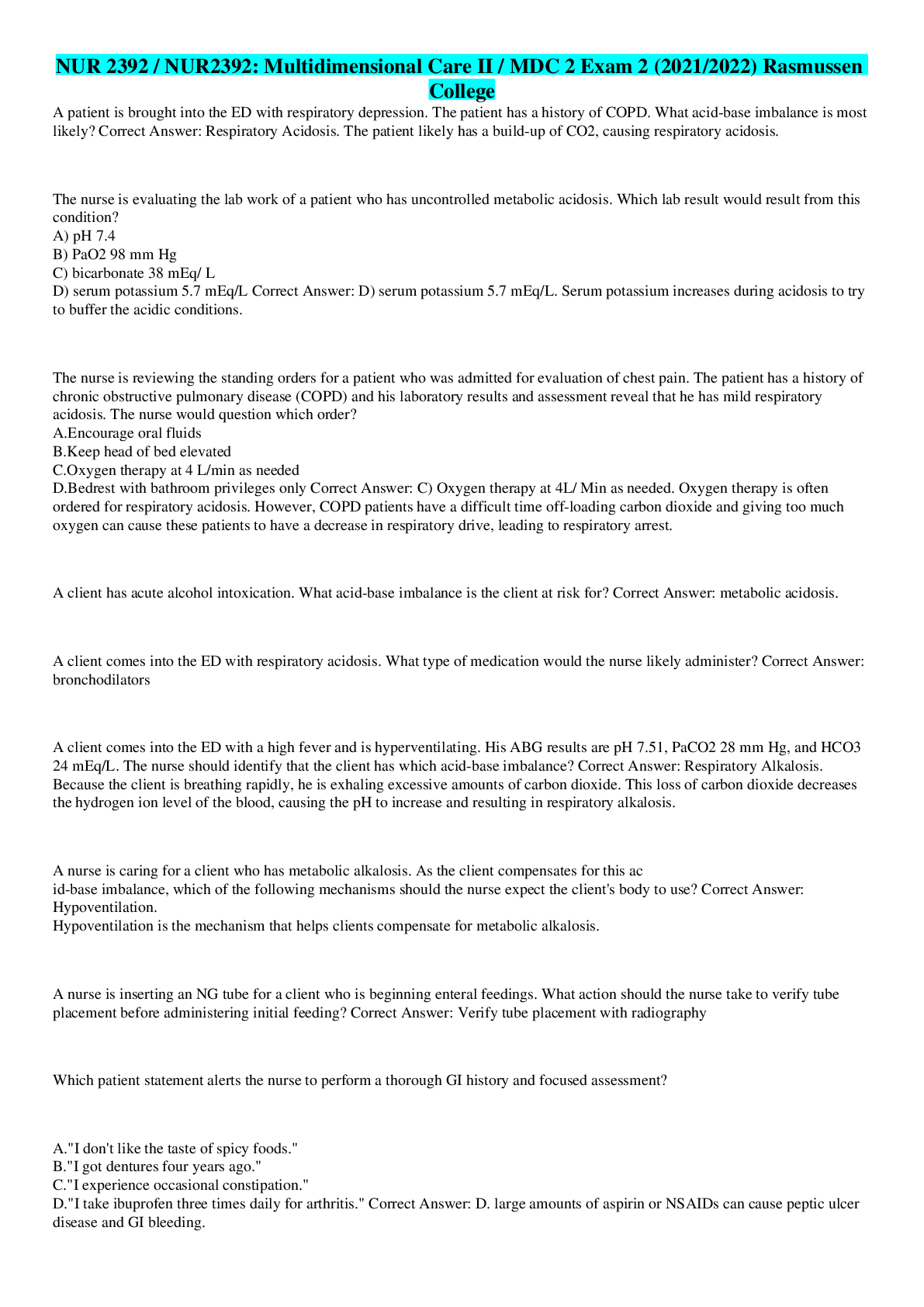 Preview image for NUR 2392 / NUR2392: Multidimensional Care II / MDC 2 Exam 2 (2021/2022) Rasmussen College